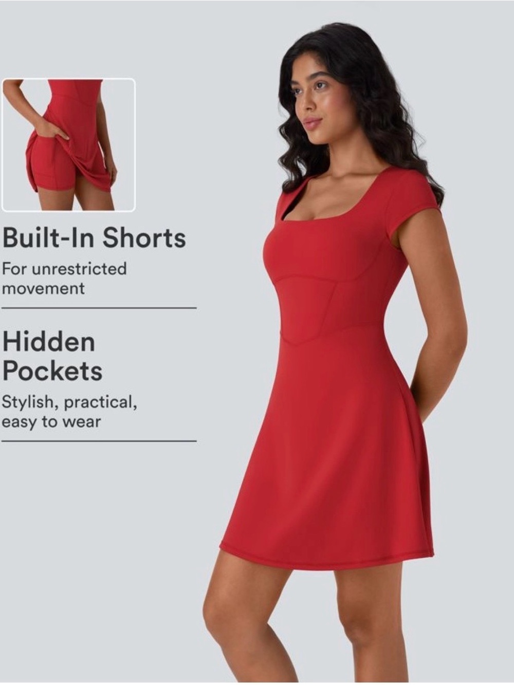 NEW Halara Softlyzero Plush Red Dress Size S Square Neck 2-1 Mini Casual Pockets